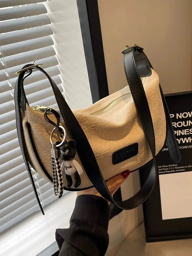 Bear Charm Zipper Shoulder Bag