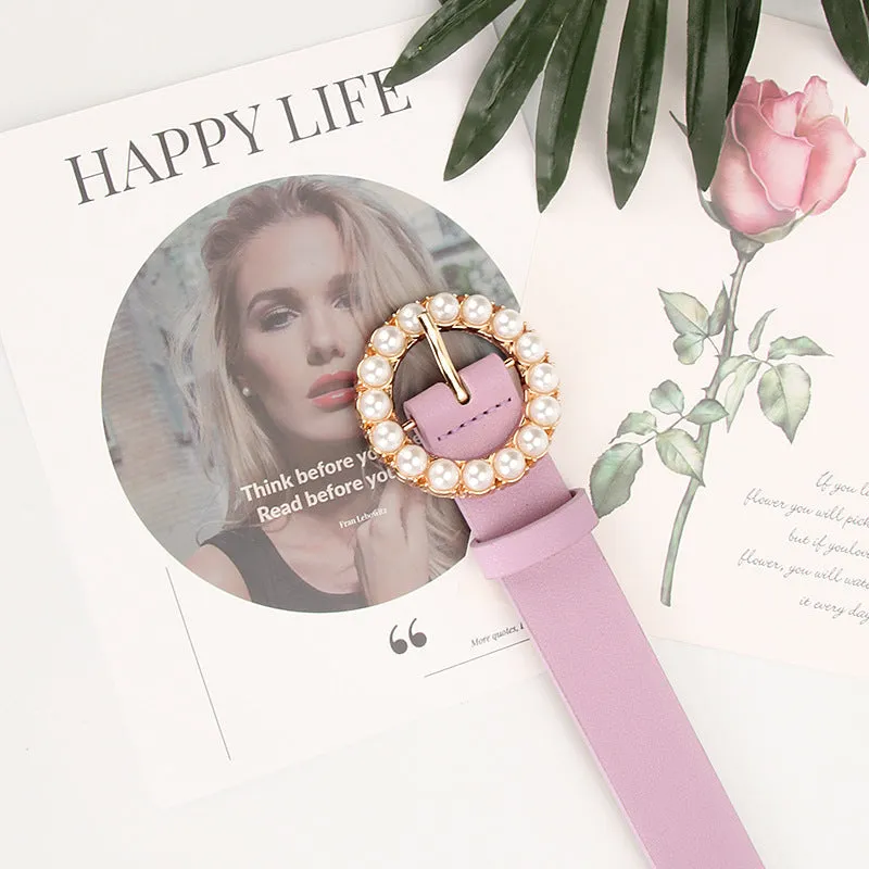 Fashion Trend round Pearl Pin Buckle Highlight Temperament Noble Belt