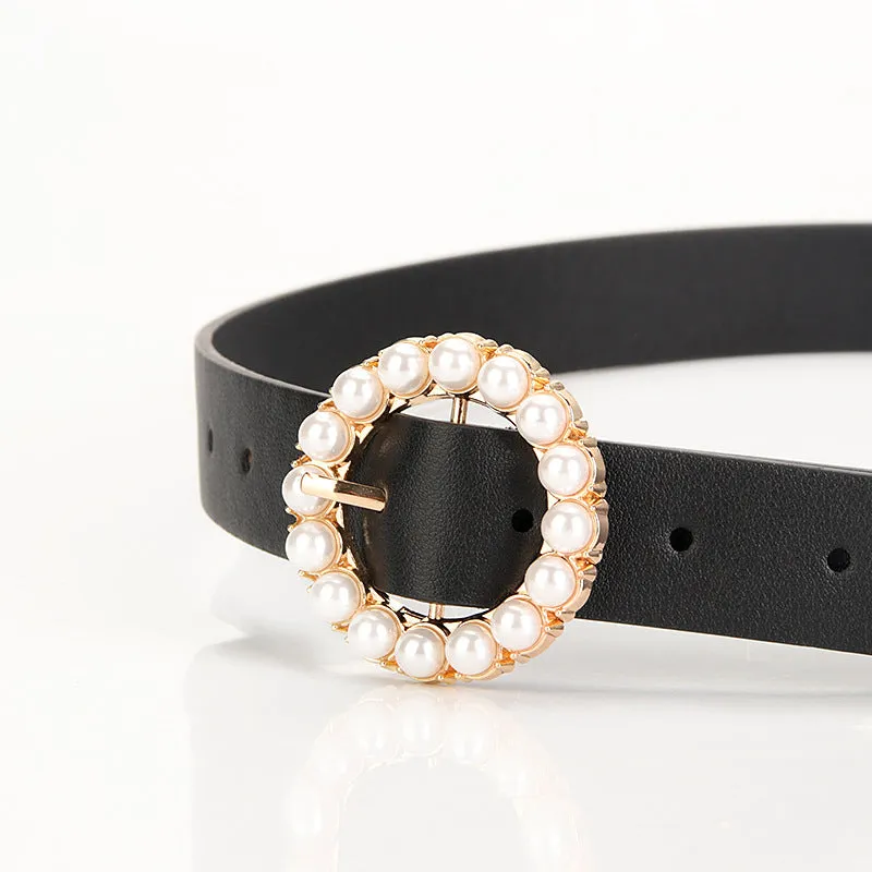 Fashion Trend round Pearl Pin Buckle Highlight Temperament Noble Belt