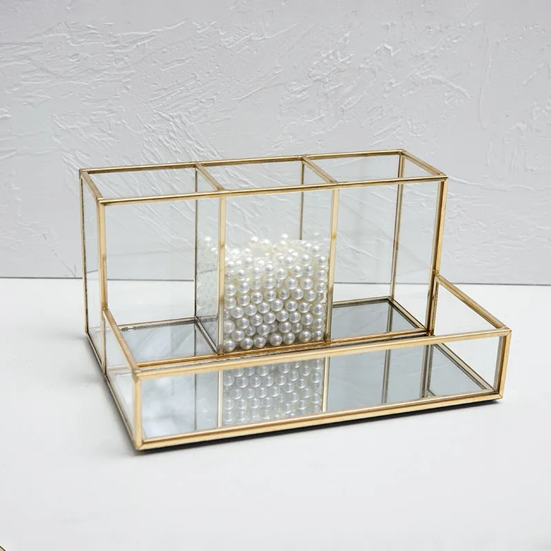 Glass Makeup Organizer Bathroom Cosmetic Organizer With Golden