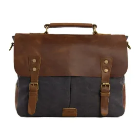 Handmade Waxed Canvas & Leather Satchel Messenger Bag - Dark Grey/Brown