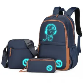 Kono Lightweight & Glow-in-the-Dark 3-Piece Laptop Backpack Set - Navy And Brown | Crossbody Bag & Pencil Case Included