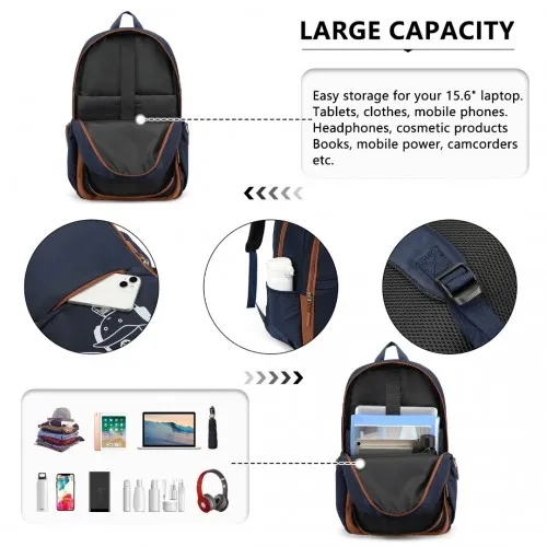 Kono Lightweight & Glow-in-the-Dark 3-Piece Laptop Backpack Set - Navy And Brown | Crossbody Bag & Pencil Case Included