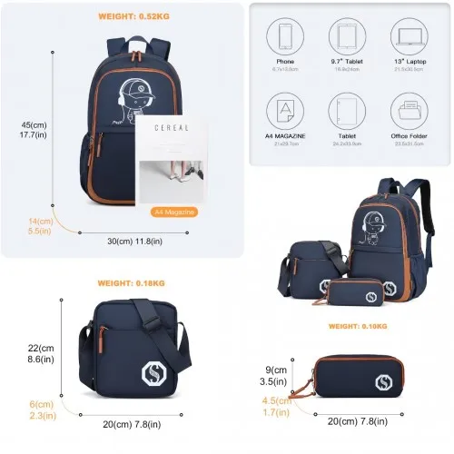 Kono Lightweight & Glow-in-the-Dark 3-Piece Laptop Backpack Set - Navy And Brown | Crossbody Bag & Pencil Case Included