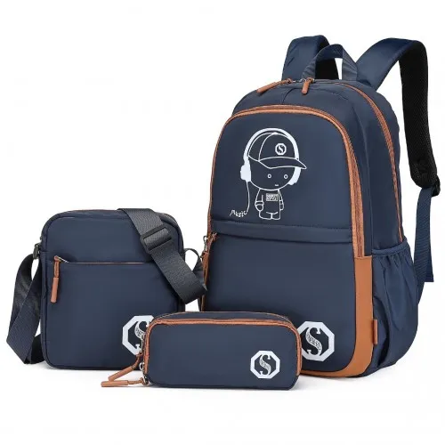 Kono Lightweight & Glow-in-the-Dark 3-Piece Laptop Backpack Set - Navy And Brown | Crossbody Bag & Pencil Case Included