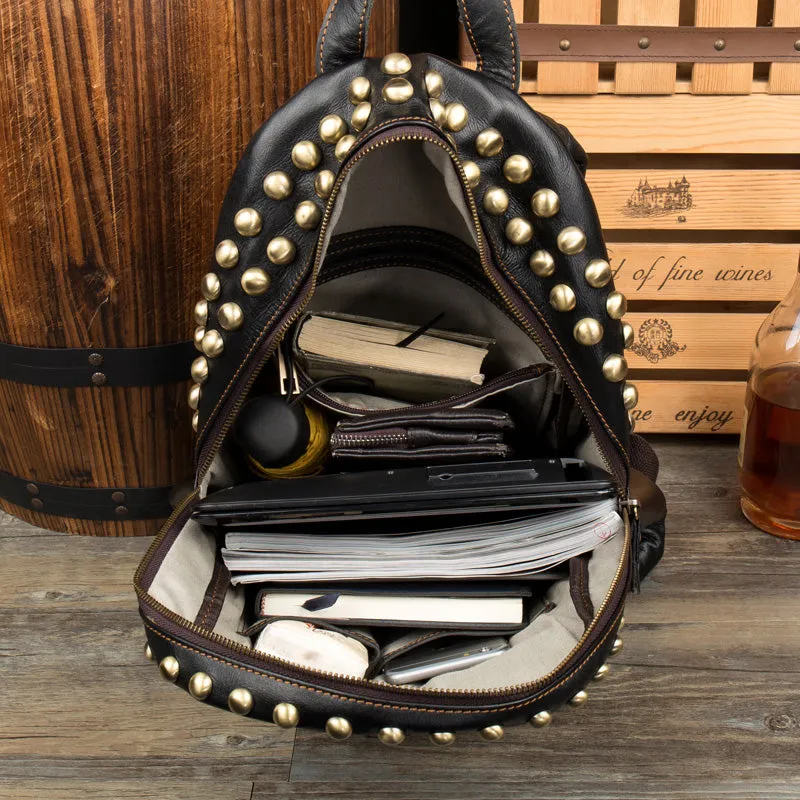 Large Ladies Black Leather Laptop Backpack Western Rivet Backpack Purse For Women