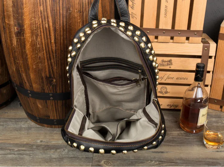 Large Ladies Black Leather Laptop Backpack Western Rivet Backpack Purse For Women