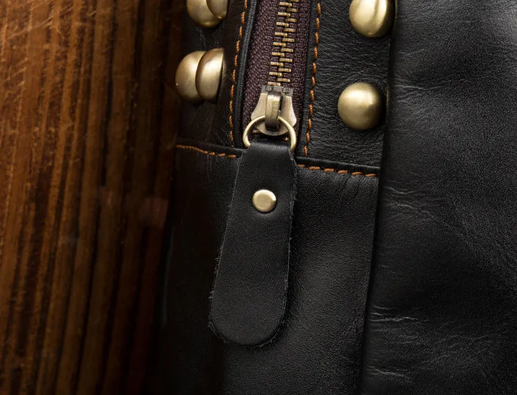 Large Ladies Black Leather Laptop Backpack Western Rivet Backpack Purse For Women