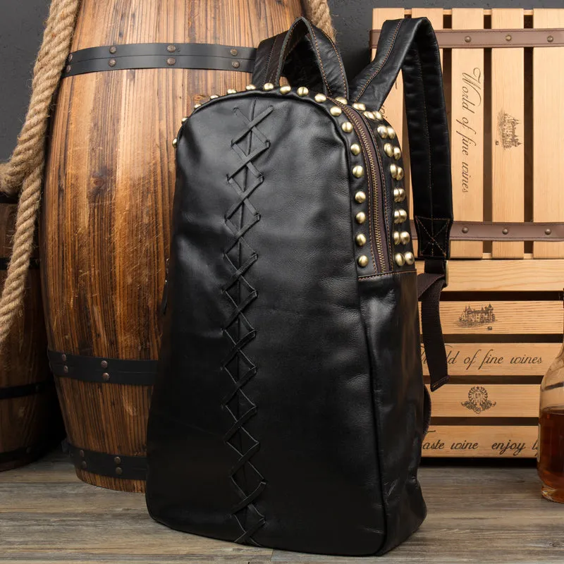 Large Ladies Black Leather Laptop Backpack Western Rivet Backpack Purse For Women