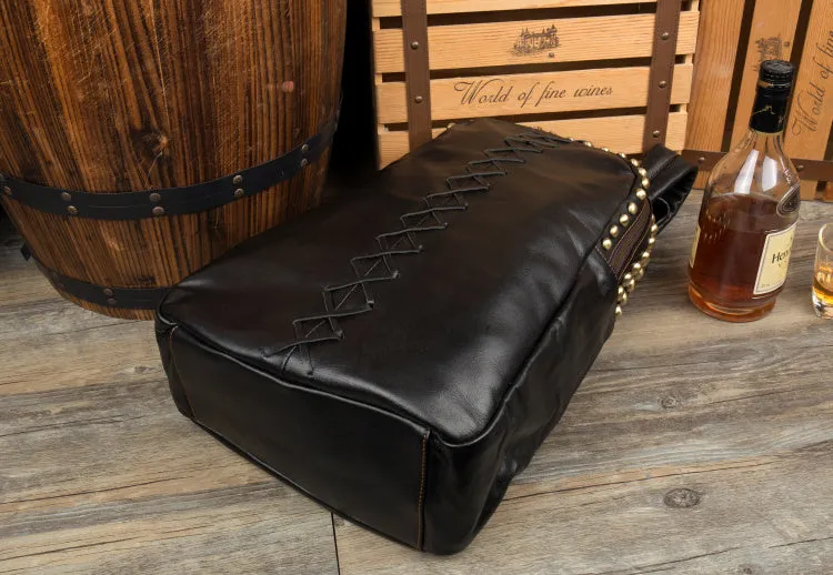 Large Ladies Black Leather Laptop Backpack Western Rivet Backpack Purse For Women