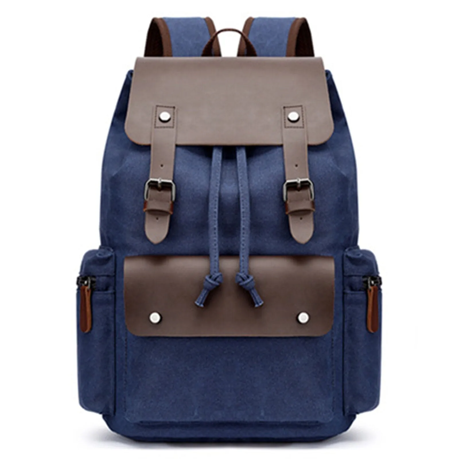 Men Washed Canvas Casual Backpack Large Capacity Drawstring Cover Backpack Laptop Bag