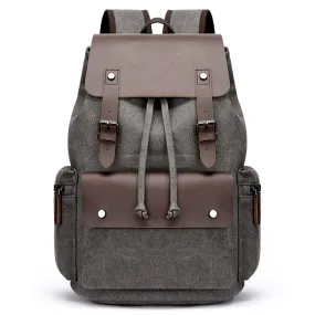 Men Washed Canvas Casual Backpack Large Capacity Drawstring Cover Backpack Laptop Bag