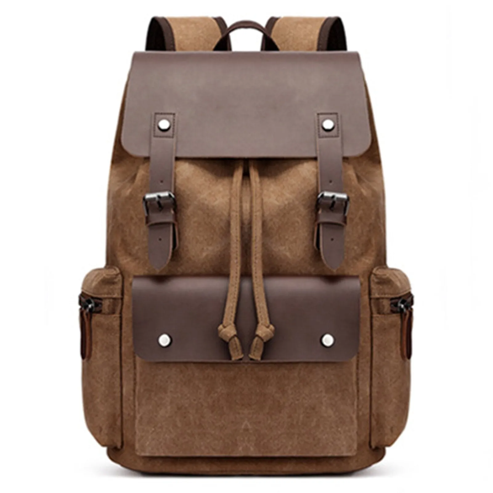 Men Washed Canvas Casual Backpack Large Capacity Drawstring Cover Backpack Laptop Bag