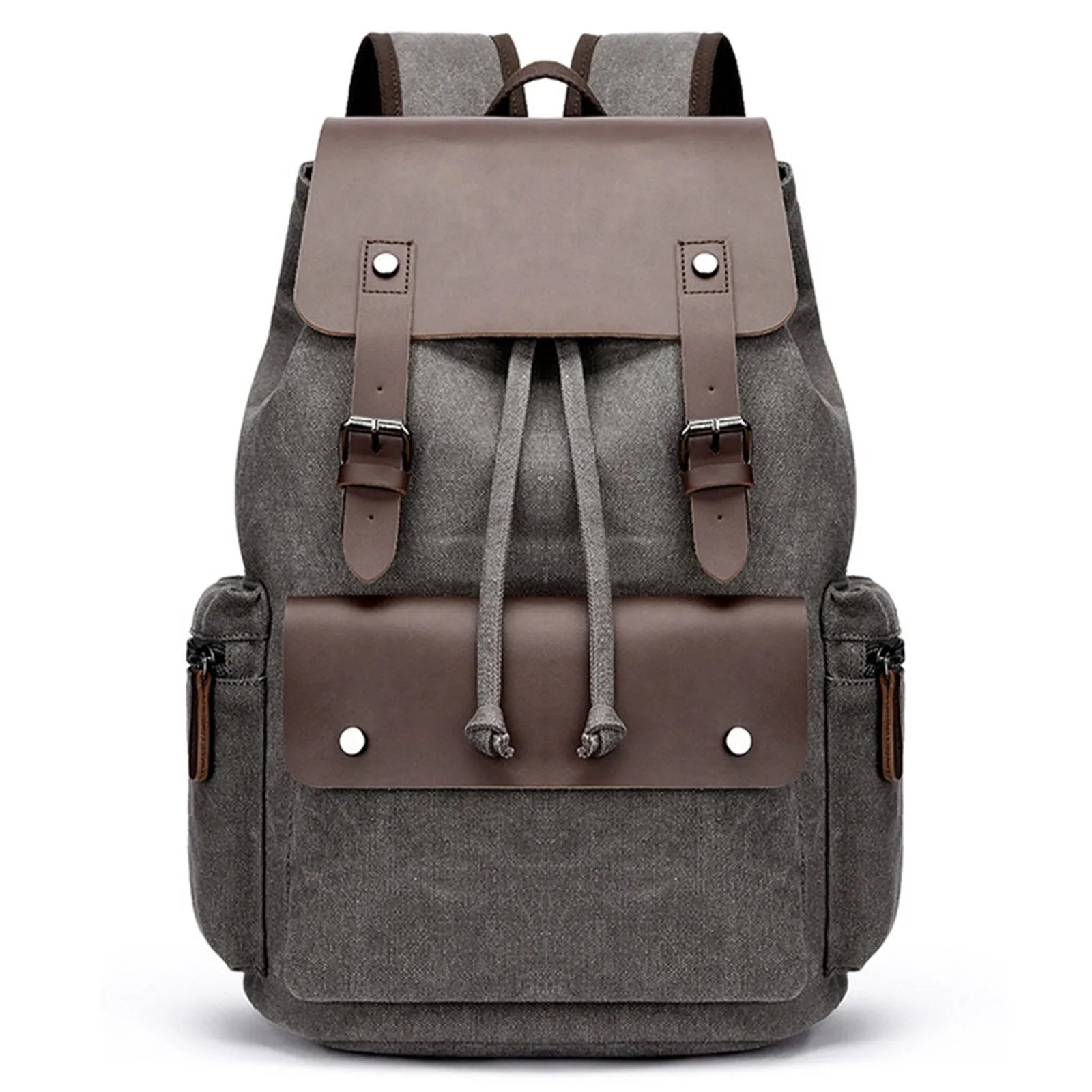 Men Washed Canvas Casual Backpack Large Capacity Drawstring Cover Backpack Laptop Bag