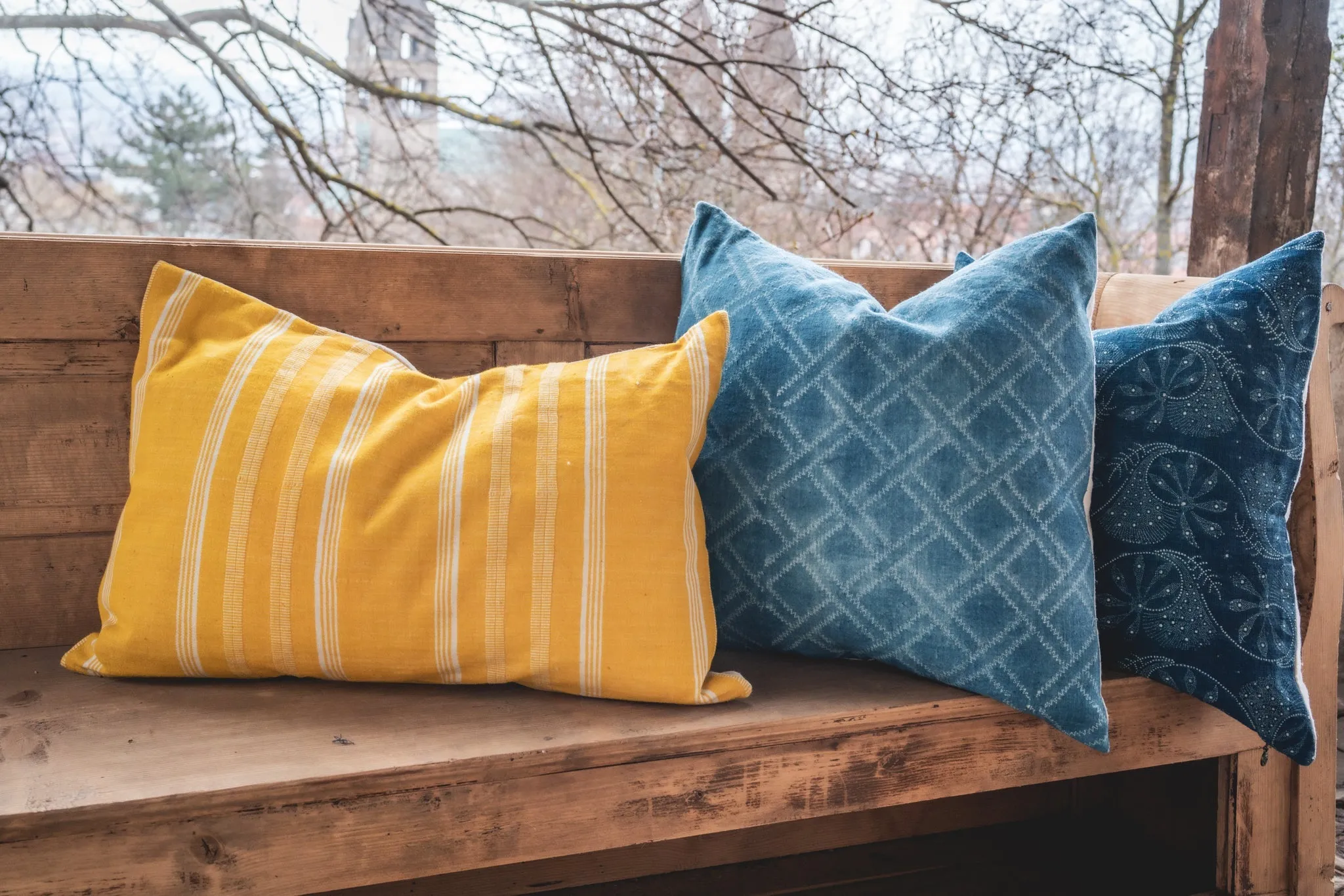 Pillow: Handwoven antique Hungarian hemp, wax resist Indigo - P406