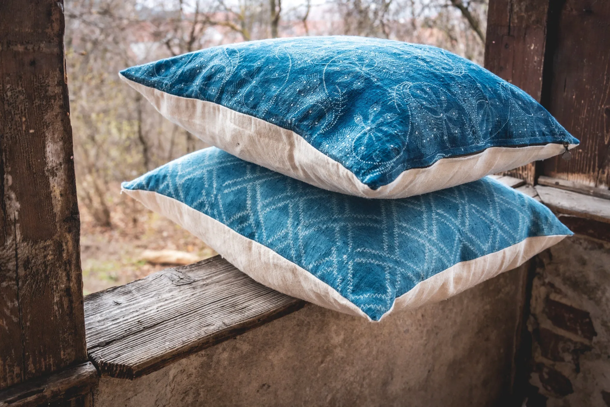 Pillow: Handwoven antique Hungarian hemp, wax resist Indigo - P406