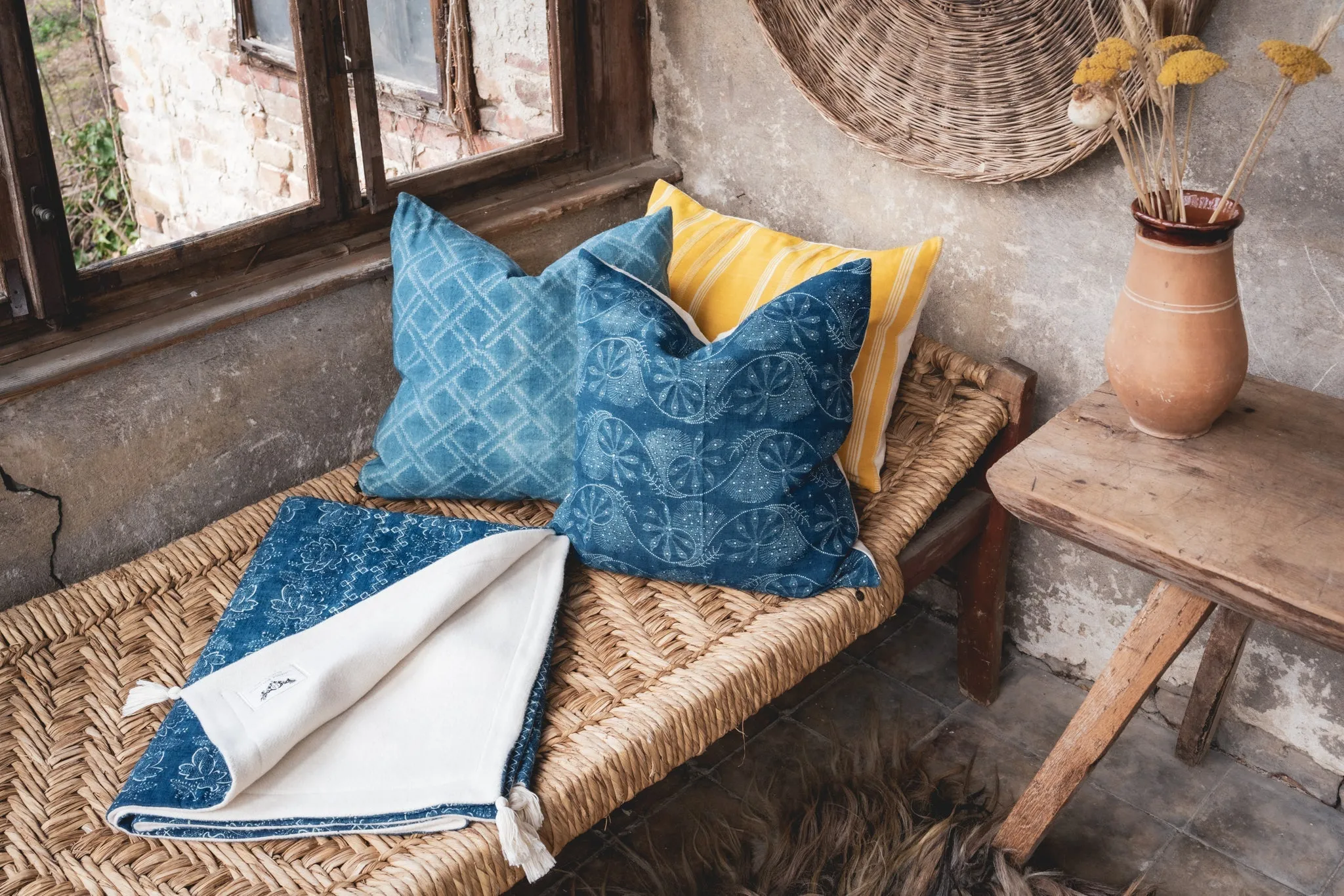 Pillow: Handwoven antique Hungarian hemp, wax resist Indigo - P406