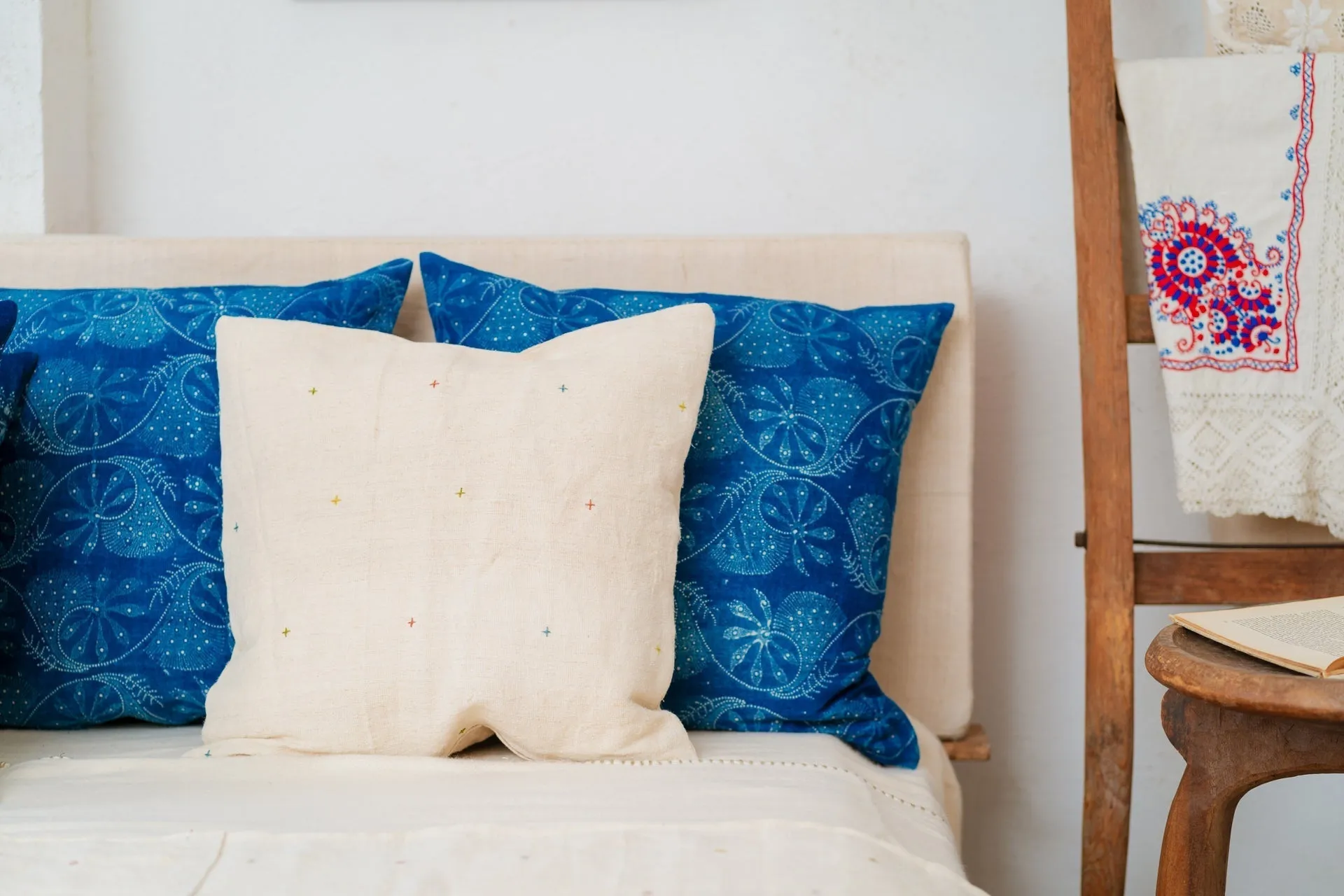 Pillow: Handwoven antique Hungarian hemp, wax resist Indigo - P497