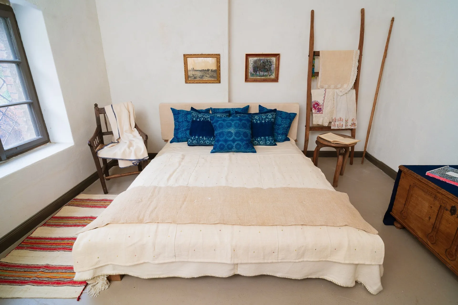 Pillow: Handwoven antique Hungarian hemp, wax resist Indigo - P497