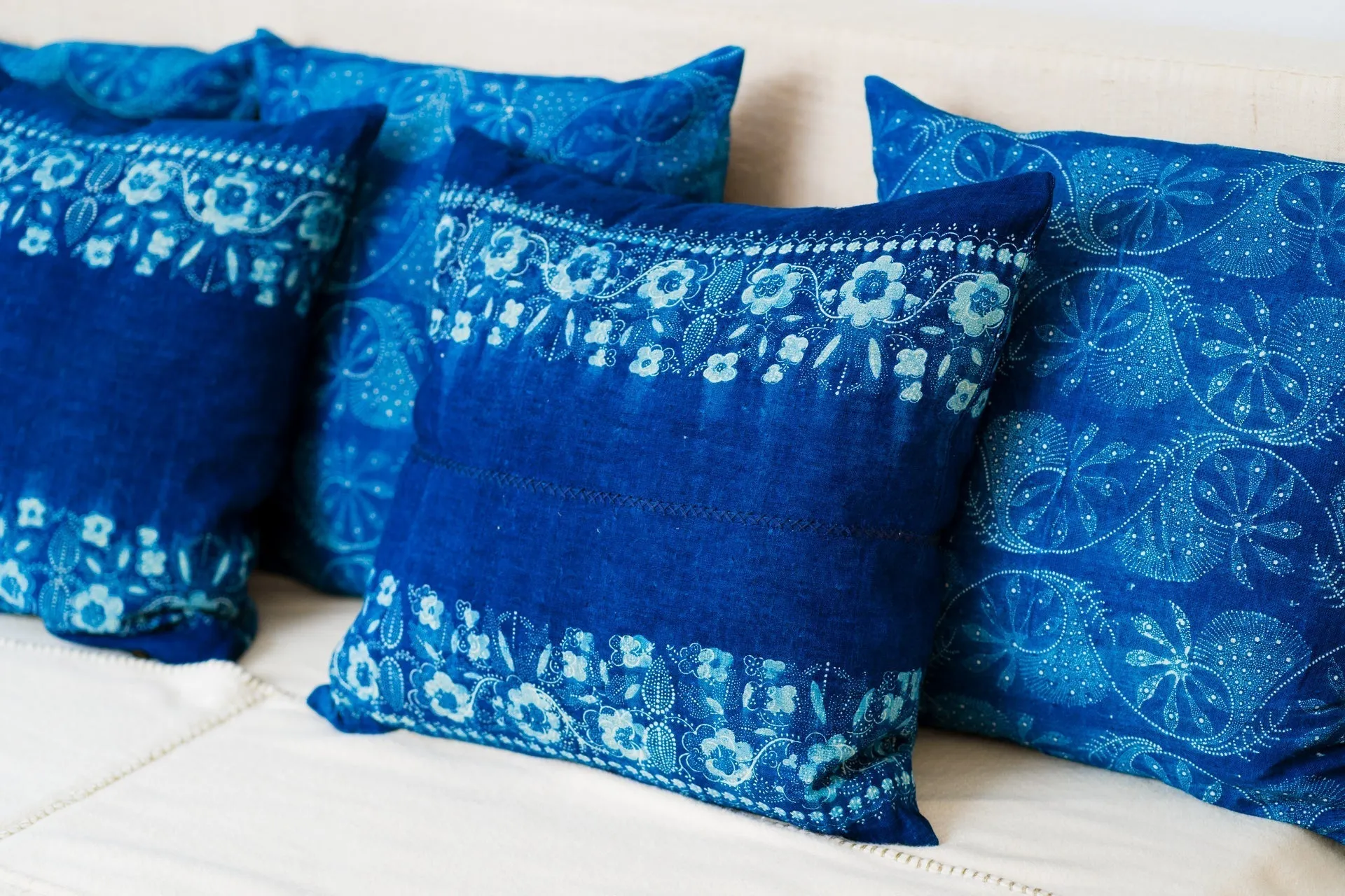 Pillow: Handwoven antique Hungarian hemp, wax resist Indigo - P497