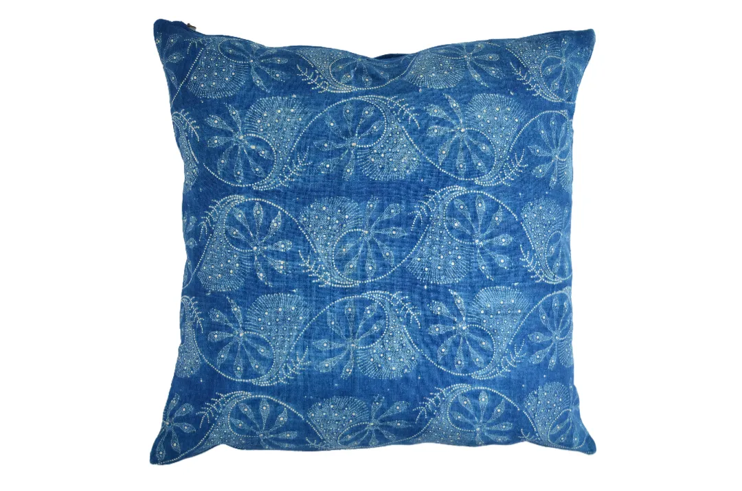 Pillow: Handwoven antique Hungarian hemp, wax resist Indigo - P497