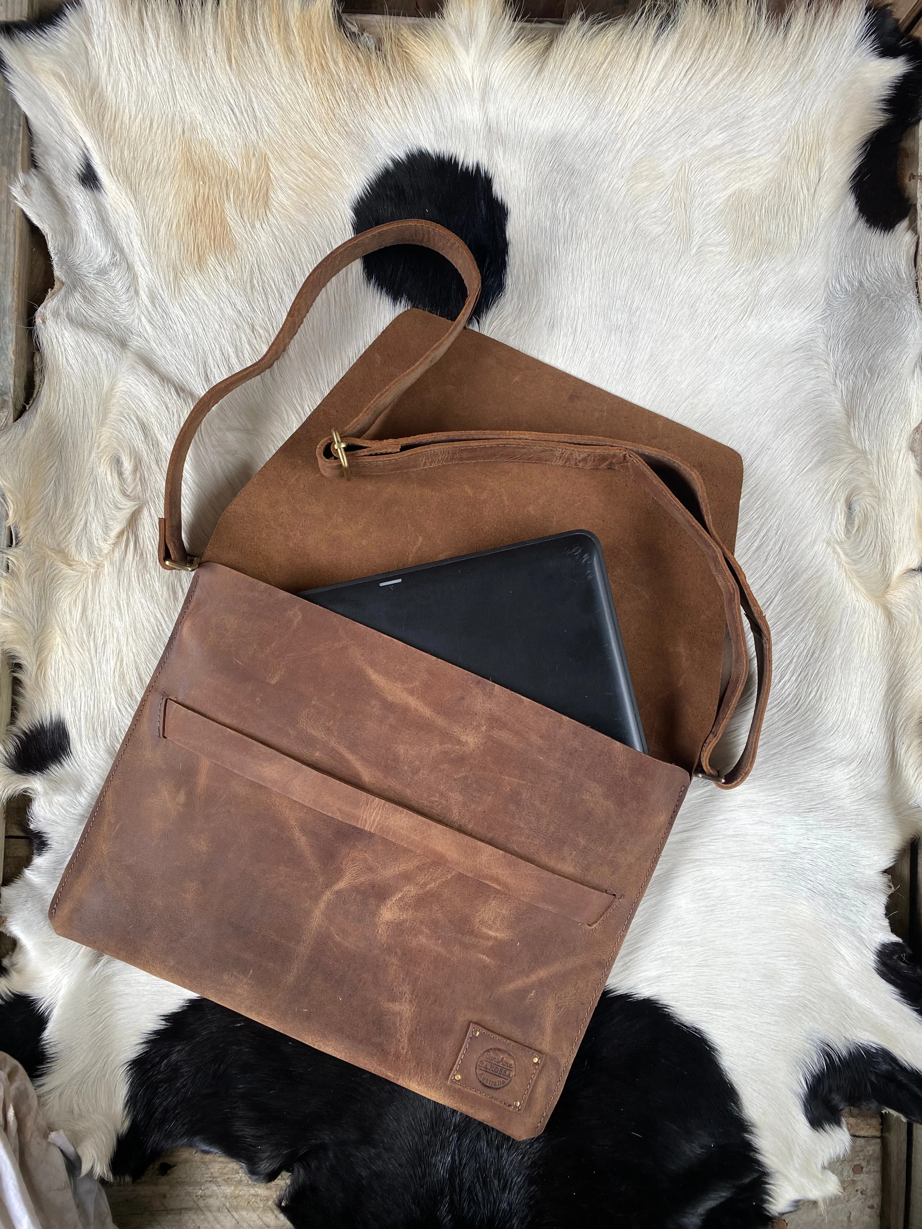 Raw Leather Laptop Sleeve with Strap