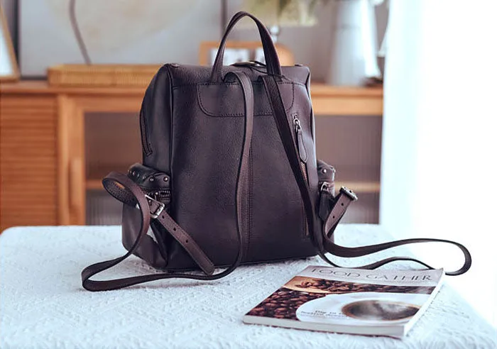 Rivets Ladies Genuine Leather Backpack Purse Ladies Small Leather Rucksack