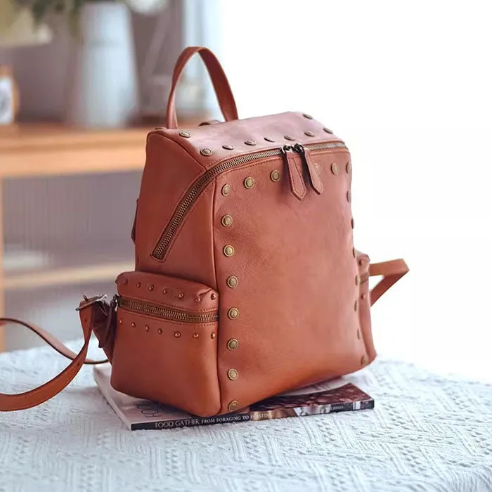 Rivets Ladies Genuine Leather Backpack Purse Ladies Small Leather Rucksack