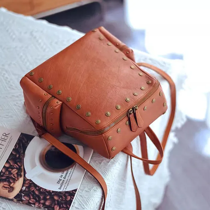 Rivets Ladies Genuine Leather Backpack Purse Ladies Small Leather Rucksack