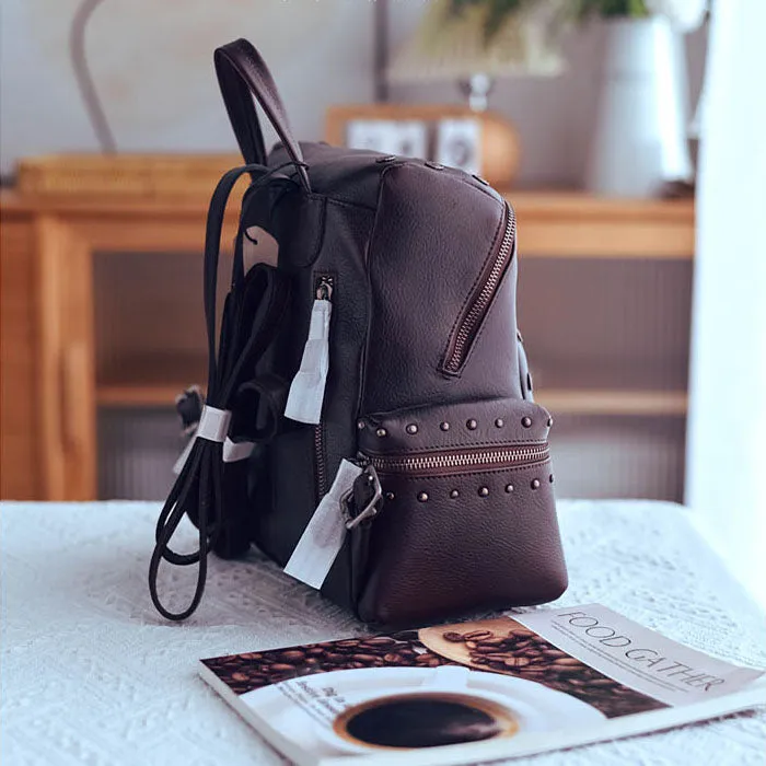 Rivets Ladies Genuine Leather Backpack Purse Ladies Small Leather Rucksack
