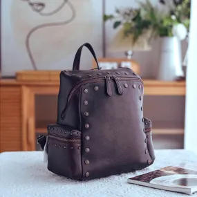 Rivets Ladies Genuine Leather Backpack Purse Ladies Small Leather Rucksack