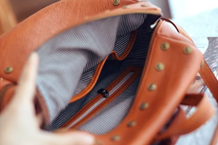 Rivets Ladies Genuine Leather Backpack Purse Ladies Small Leather Rucksack