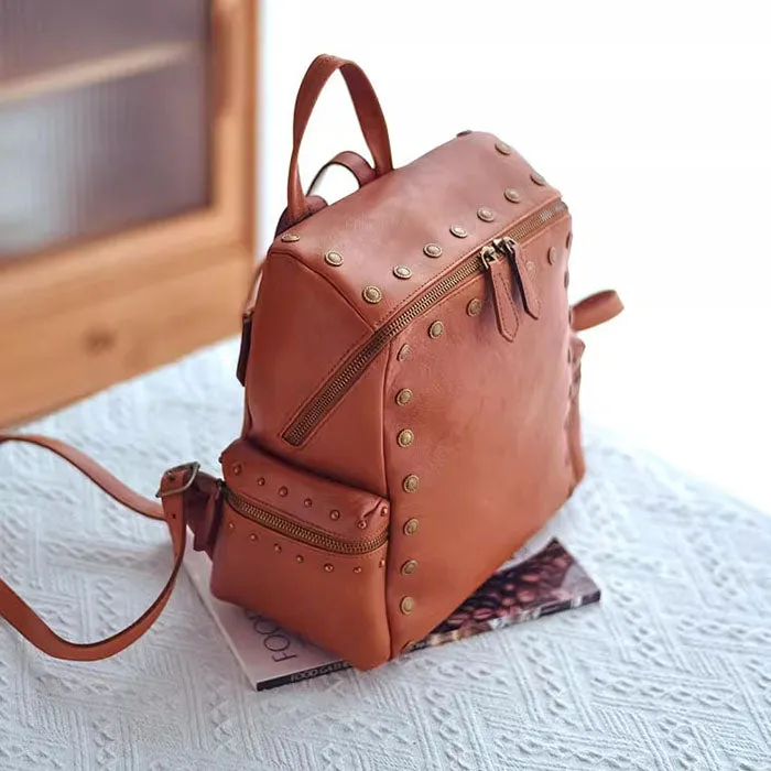 Rivets Ladies Genuine Leather Backpack Purse Ladies Small Leather Rucksack
