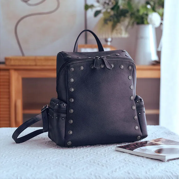 Rivets Ladies Genuine Leather Backpack Purse Ladies Small Leather Rucksack