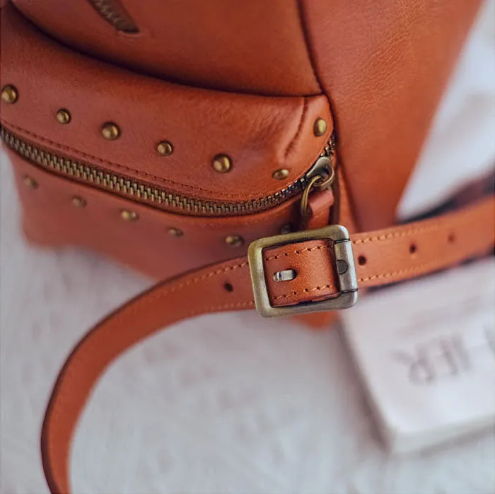Rivets Ladies Genuine Leather Backpack Purse Ladies Small Leather Rucksack