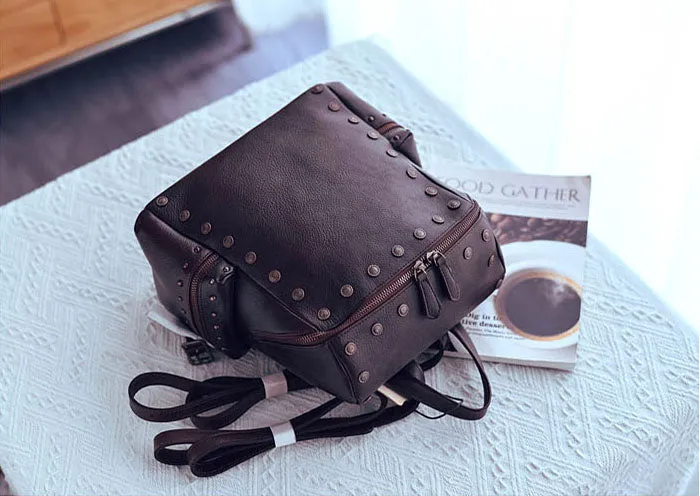 Rivets Ladies Genuine Leather Backpack Purse Ladies Small Leather Rucksack