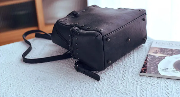 Rivets Ladies Genuine Leather Backpack Purse Ladies Small Leather Rucksack
