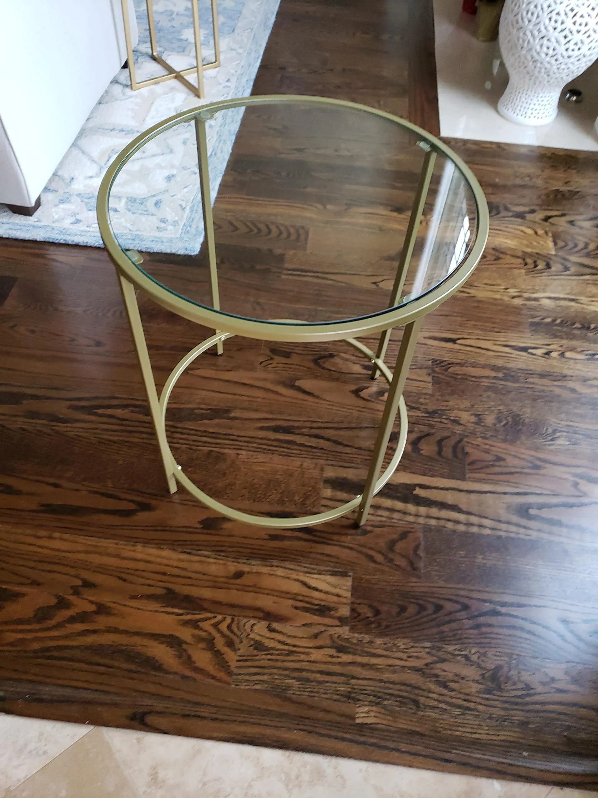 Round Side Table, Glass End Table with Metal Frame, Small Coffee Accent Table