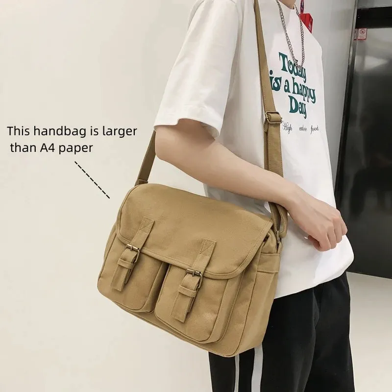 Sohiwoo College Canvas Textile Big Capacity School Book Laptop Postman Bag Street Wear Ita Grunge Y2K 90s Square White Side Shoulder Bag