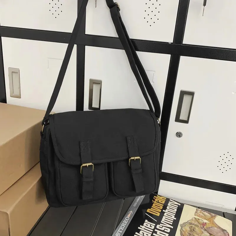 Sohiwoo College Canvas Textile Big Capacity School Book Laptop Postman Bag Street Wear Ita Grunge Y2K 90s Square White Side Shoulder Bag