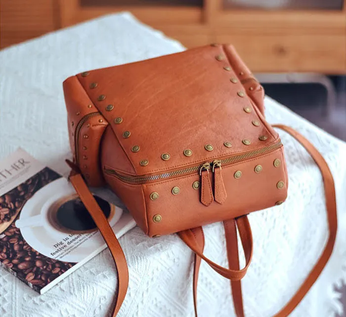 Vintage Women's Small Leather Backpack Purse Ladies Brown Leather Rucksack