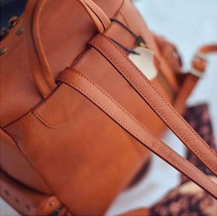 Vintage Women's Small Leather Backpack Purse Ladies Brown Leather Rucksack
