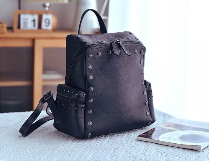 Vintage Women's Small Leather Backpack Purse Ladies Brown Leather Rucksack