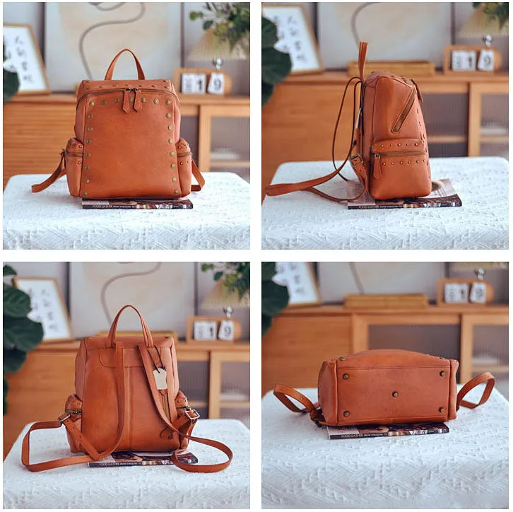 Vintage Women's Small Leather Backpack Purse Ladies Brown Leather Rucksack