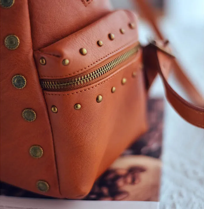 Vintage Women's Small Leather Backpack Purse Ladies Brown Leather Rucksack