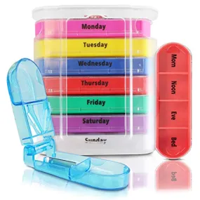 Vive Stackable 7 Day Pill Organizer with Pill Splitting Cutter